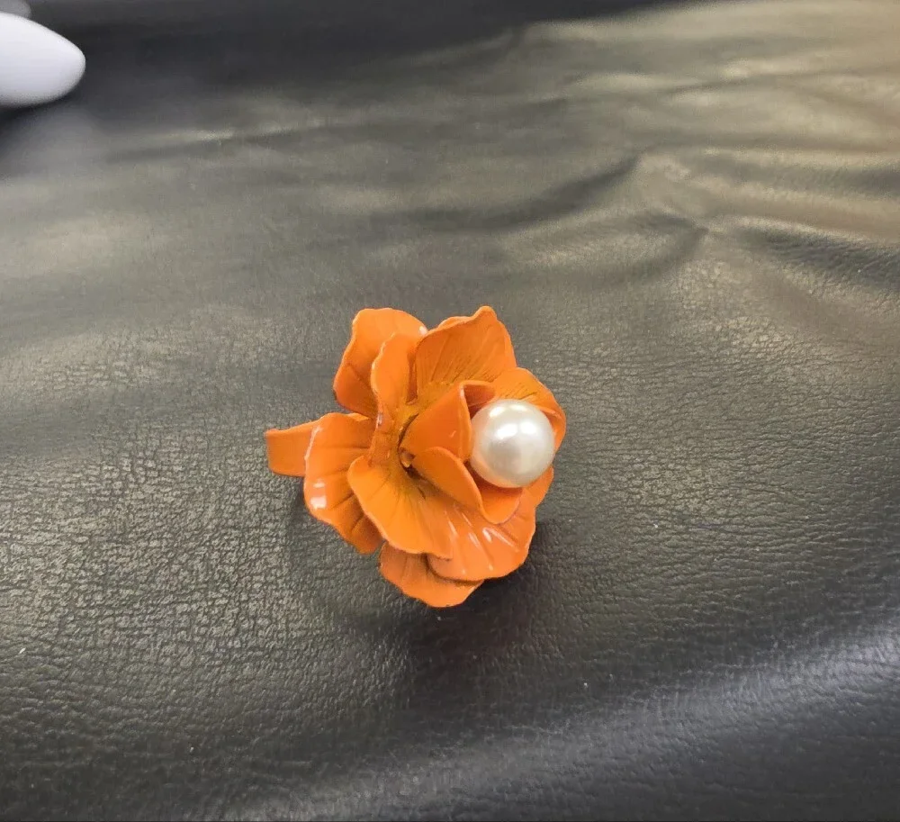 Orange Floral Pearl Center Cocktail Ring - Women Jewelry